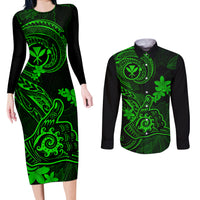 Hawaii Couples Matching Long Sleeve Bodycon Dress and Long Sleeve Button Shirts Shaka Tattoo Mix Polynesian Plumeria Green Version LT14 Green - Polynesian Pride