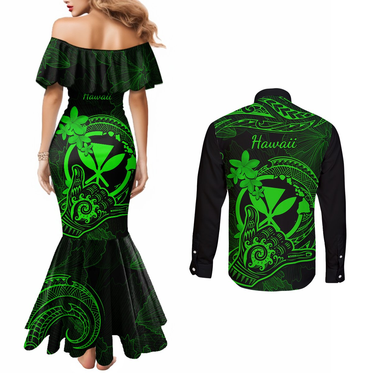 Hawaii Couples Matching Mermaid Dress and Long Sleeve Button Shirts Shaka Tattoo Mix Polynesian Plumeria Green Version LT14 - Polynesian Pride