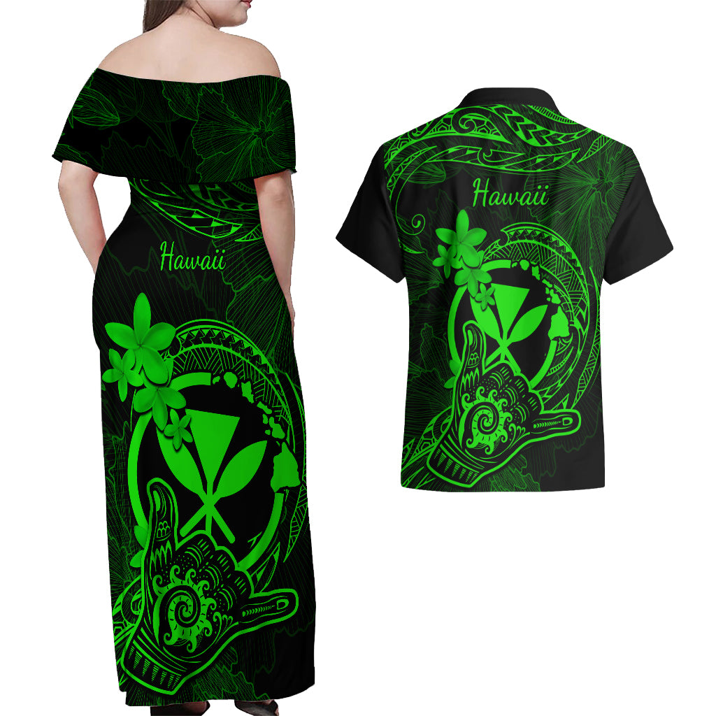Hawaii Couples Matching Off Shoulder Maxi Dress and Hawaiian Shirt Shaka Tattoo Mix Polynesian Plumeria Green Version LT14 - Polynesian Pride