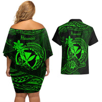 Hawaii Couples Matching Off Shoulder Short Dress and Hawaiian Shirt Shaka Tattoo Mix Polynesian Plumeria Green Version LT14 - Polynesian Pride