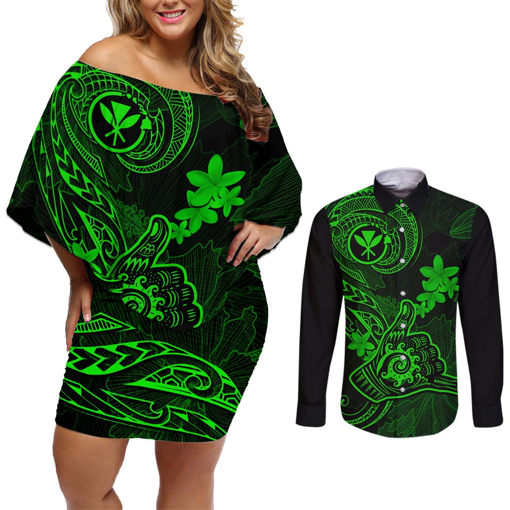 hawaii-couples-matching-off-shoulder-short-dress-and-long-sleeve-button-shirts-shaka-tattoo-mix-polynesian-plumeria-green-version
