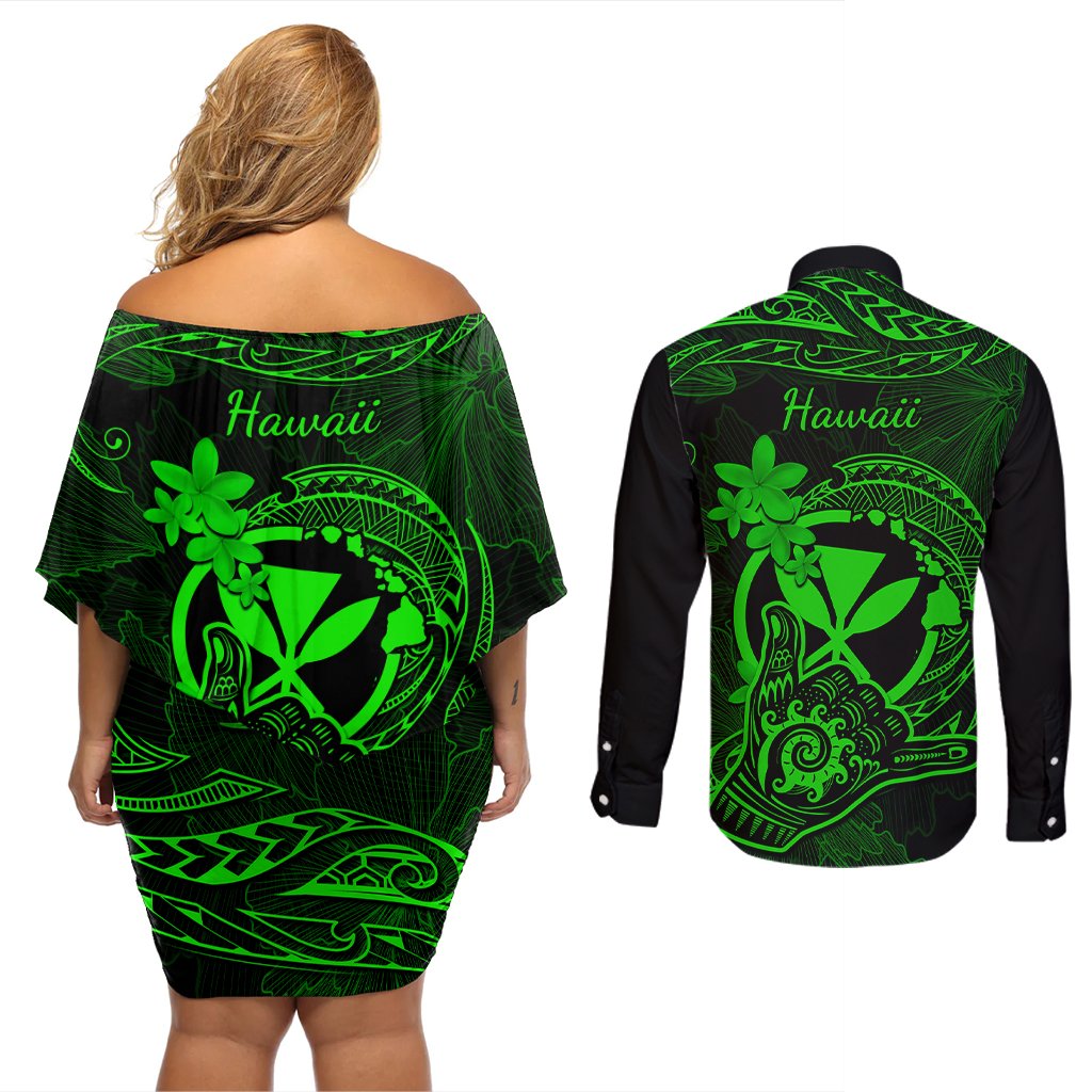 Hawaii Couples Matching Off Shoulder Short Dress and Long Sleeve Button Shirts Shaka Tattoo Mix Polynesian Plumeria Green Version LT14 - Polynesian Pride