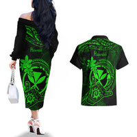Hawaii Couples Matching Off The Shoulder Long Sleeve Dress and Hawaiian Shirt Shaka Tattoo Mix Polynesian Plumeria Green Version LT14 - Polynesian Pride