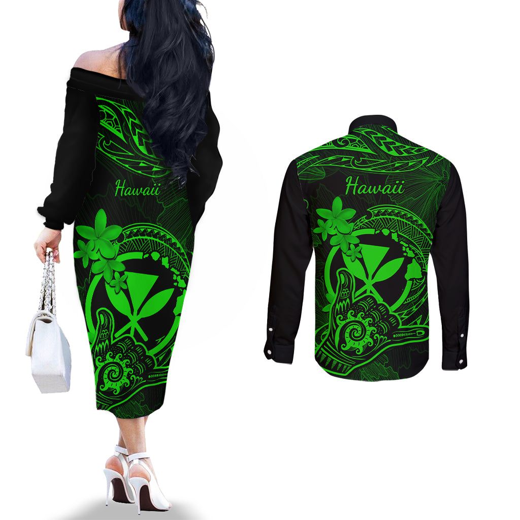 Hawaii Couples Matching Off The Shoulder Long Sleeve Dress and Long Sleeve Button Shirts Shaka Tattoo Mix Polynesian Plumeria Green Version LT14 - Polynesian Pride