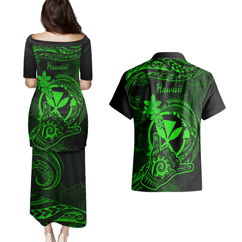 Hawaii Couples Matching Puletasi Dress and Hawaiian Shirt Shaka Tattoo Mix Polynesian Plumeria Green Version LT14 - Polynesian Pride