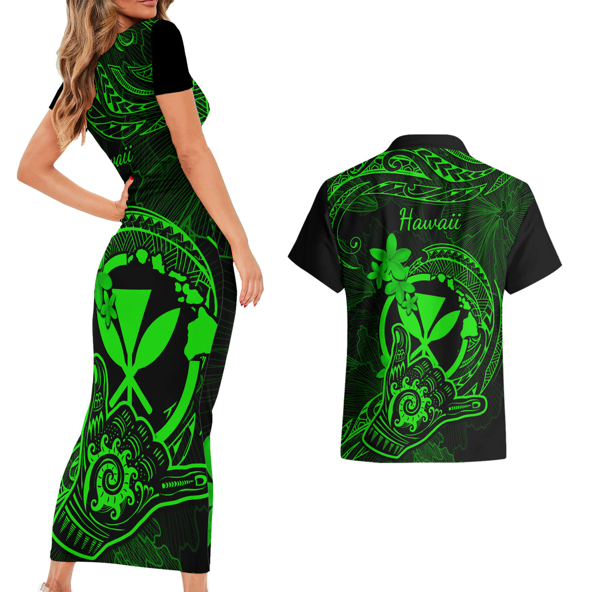 Hawaii Couples Matching Short Sleeve Bodycon Dress and Hawaiian Shirt Shaka Tattoo Mix Polynesian Plumeria Green Version LT14 - Polynesian Pride