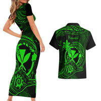 Hawaii Couples Matching Short Sleeve Bodycon Dress and Hawaiian Shirt Shaka Tattoo Mix Polynesian Plumeria Green Version LT14 - Polynesian Pride