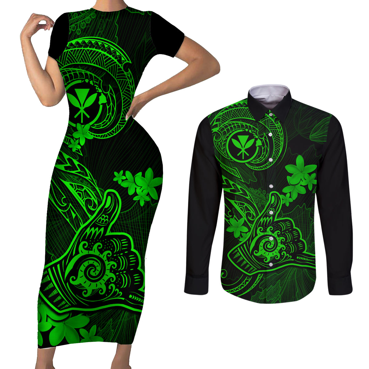Hawaii Couples Matching Short Sleeve Bodycon Dress and Long Sleeve Button Shirts Shaka Tattoo Mix Polynesian Plumeria Green Version LT14 Green - Polynesian Pride