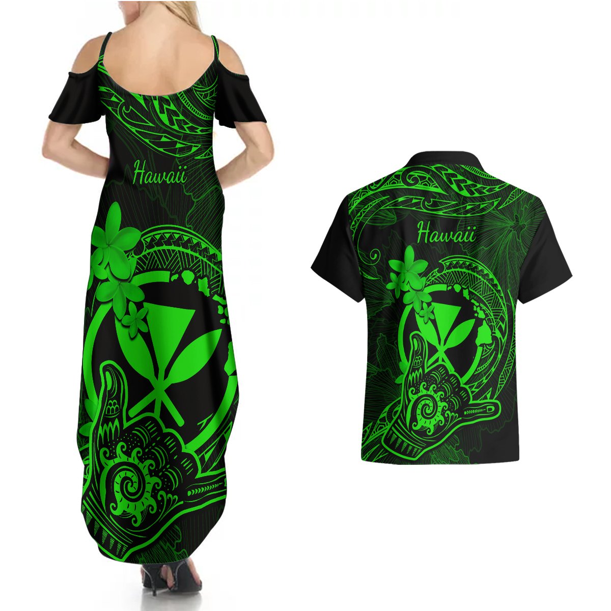 Hawaii Couples Matching Summer Maxi Dress and Hawaiian Shirt Shaka Tattoo Mix Polynesian Plumeria Green Version LT14 - Polynesian Pride