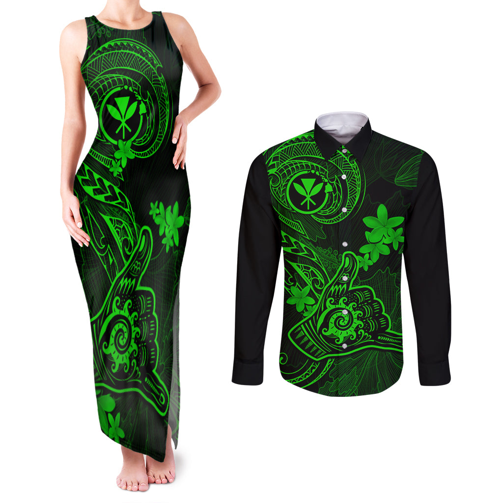 Hawaii Couples Matching Tank Maxi Dress and Long Sleeve Button Shirts Shaka Tattoo Mix Polynesian Plumeria Green Version LT14 Green - Polynesian Pride