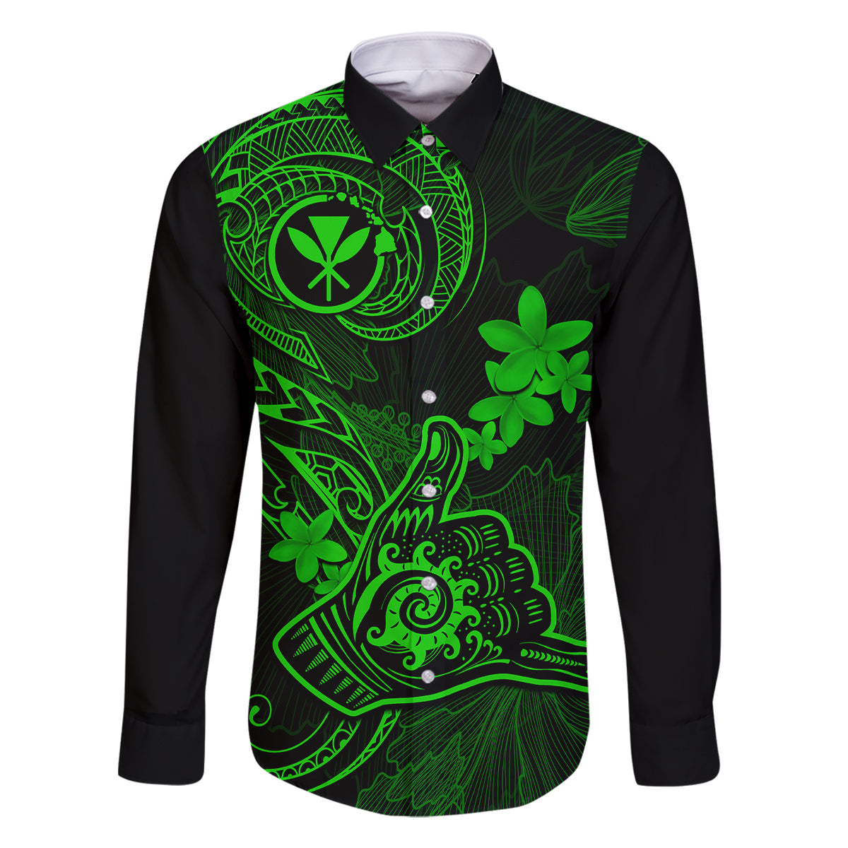 Hawaii Family Matching Long Sleeve Bodycon Dress and Hawaiian Shirt Shaka Tattoo Mix Polynesian Plumeria Green Version LT14 Dad's Shirt - Long Sleeve Green - Polynesian Pride