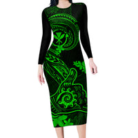 Hawaii Family Matching Long Sleeve Bodycon Dress and Hawaiian Shirt Shaka Tattoo Mix Polynesian Plumeria Green Version LT14 Mom's Dress Green - Polynesian Pride