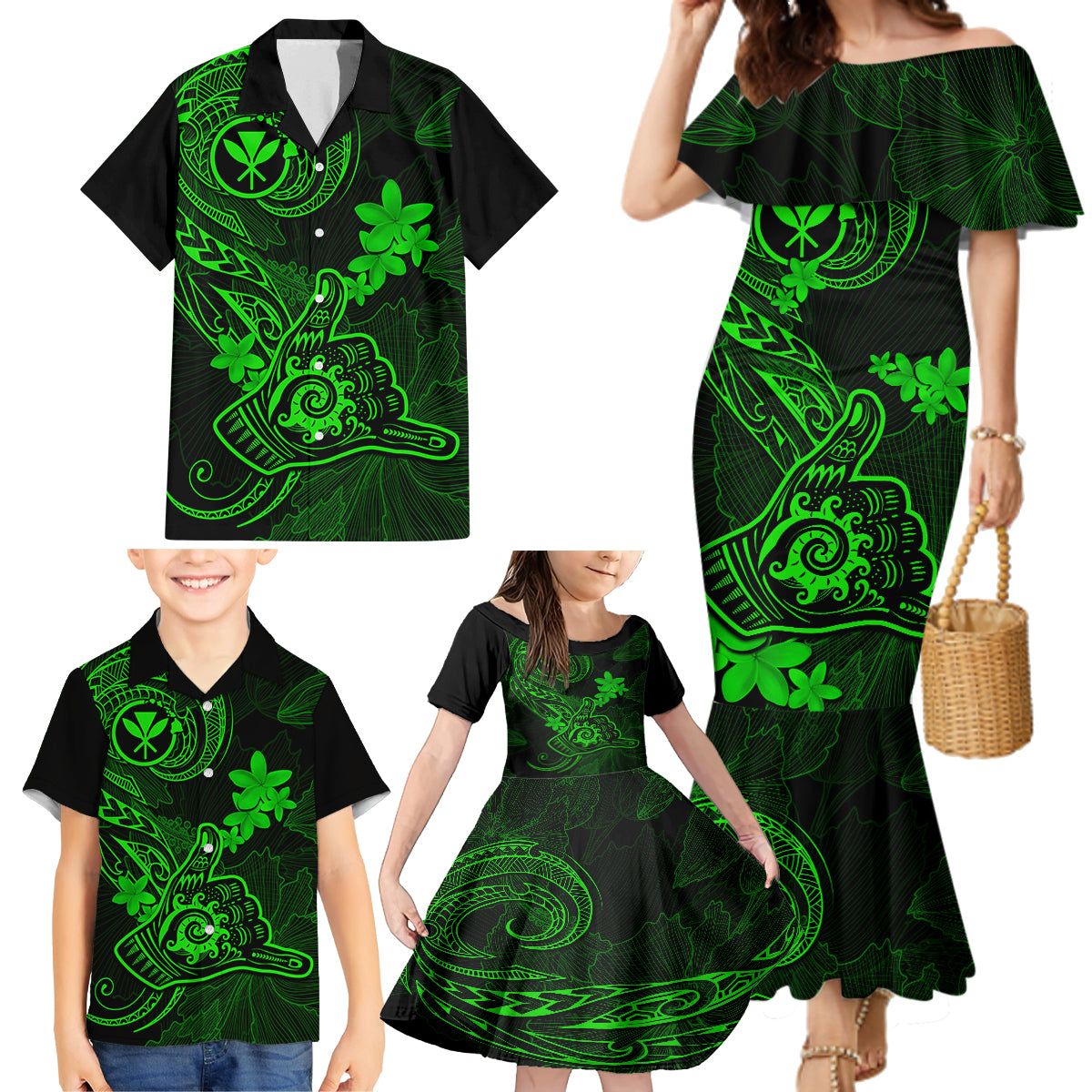 Hawaii Family Matching Mermaid Dress and Hawaiian Shirt Shaka Tattoo Mix Polynesian Plumeria Green Version LT14 - Polynesian Pride