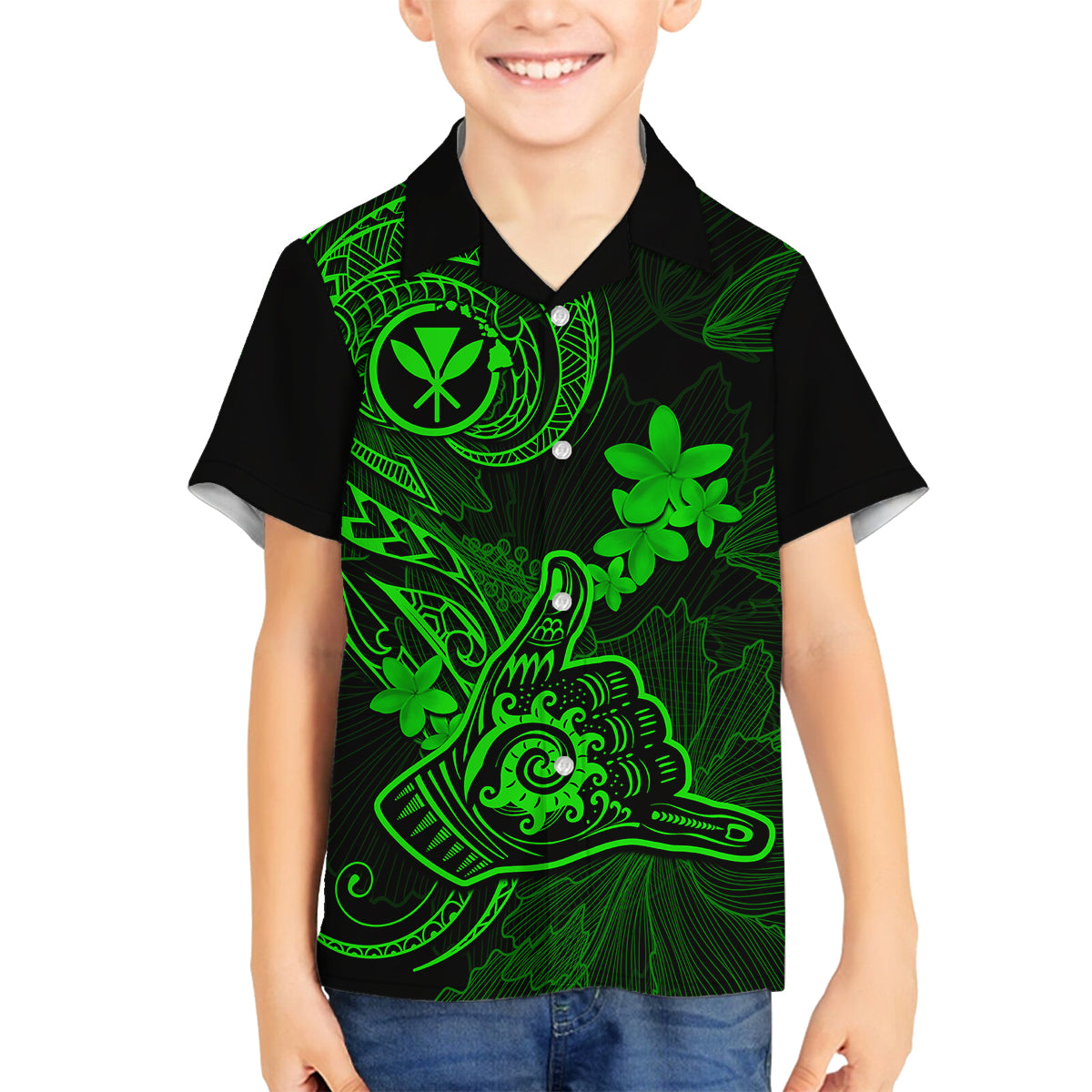 Hawaii Family Matching Mermaid Dress and Hawaiian Shirt Shaka Tattoo Mix Polynesian Plumeria Green Version LT14 Son's Shirt Green - Polynesian Pride