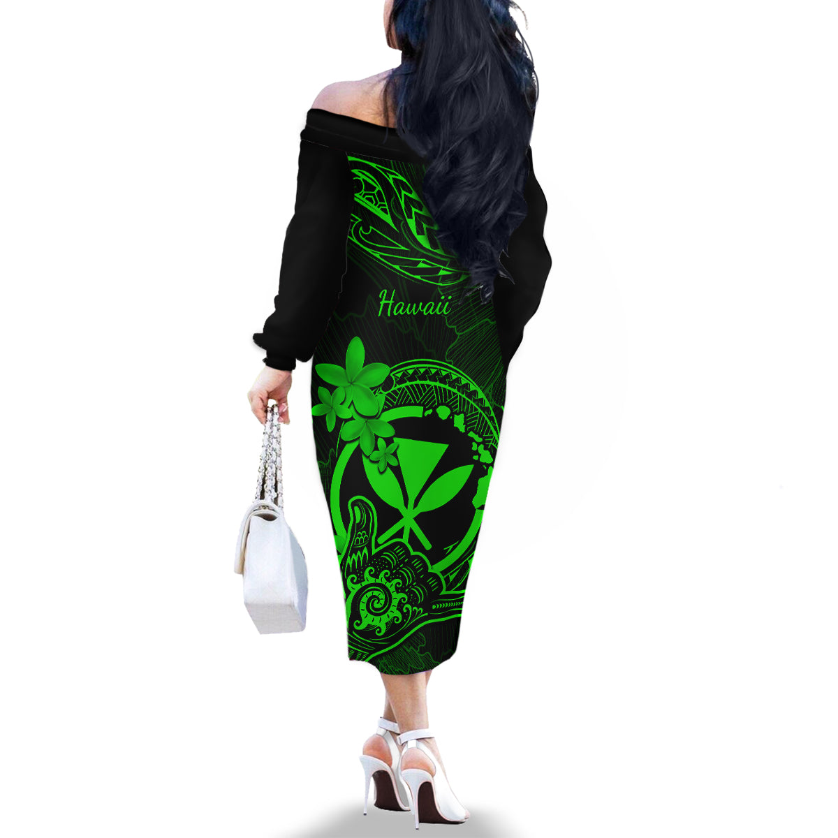 Hawaii Family Matching Off Shoulder Long Sleeve Dress and Hawaiian Shirt Shaka Tattoo Mix Polynesian Plumeria Green Version LT14 - Polynesian Pride