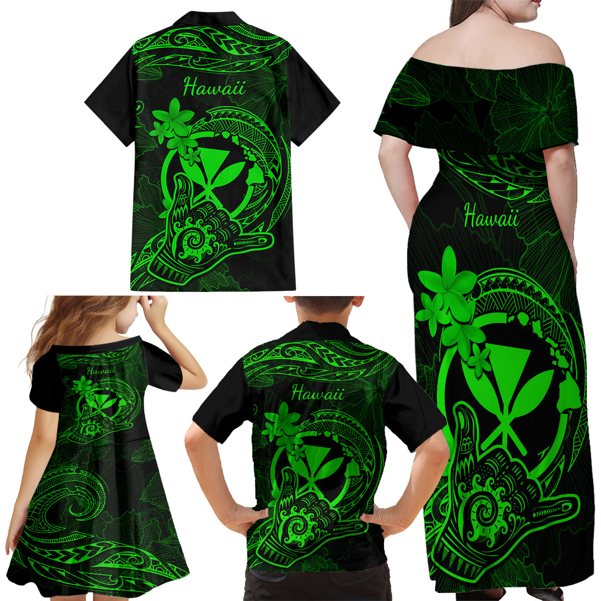 Hawaii Family Matching Off Shoulder Maxi Dress and Hawaiian Shirt Shaka Tattoo Mix Polynesian Plumeria Green Version LT14 - Polynesian Pride