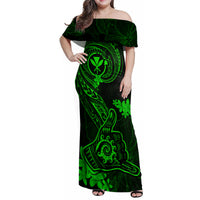 Hawaii Family Matching Off Shoulder Maxi Dress and Hawaiian Shirt Shaka Tattoo Mix Polynesian Plumeria Green Version LT14 Mom's Dress Green - Polynesian Pride