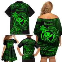 Hawaii Family Matching Off Shoulder Short Dress and Hawaiian Shirt Shaka Tattoo Mix Polynesian Plumeria Green Version LT14 - Polynesian Pride