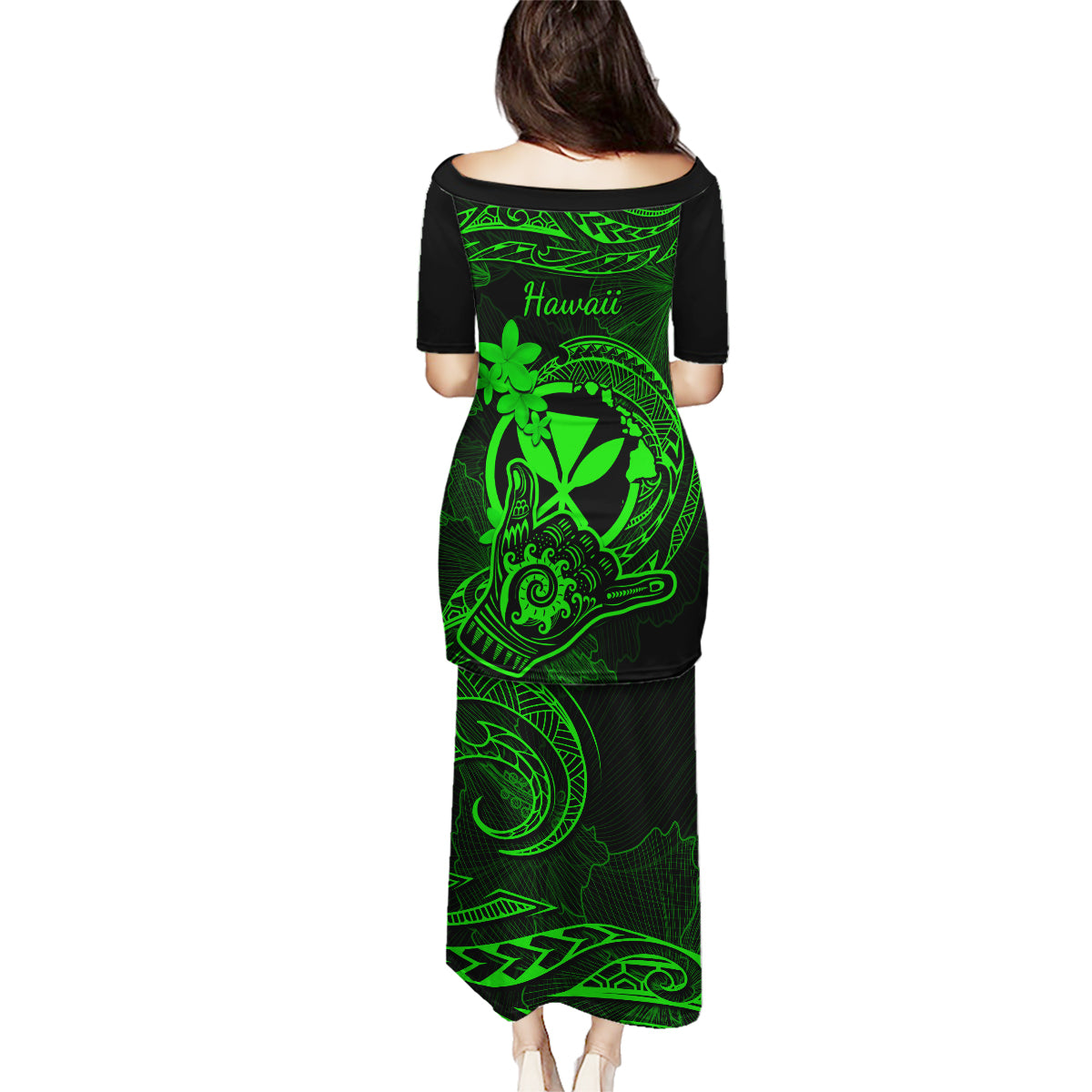 Hawaii Family Matching Puletasi Dress and Hawaiian Shirt Shaka Tattoo Mix Polynesian Plumeria Green Version LT14 - Polynesian Pride