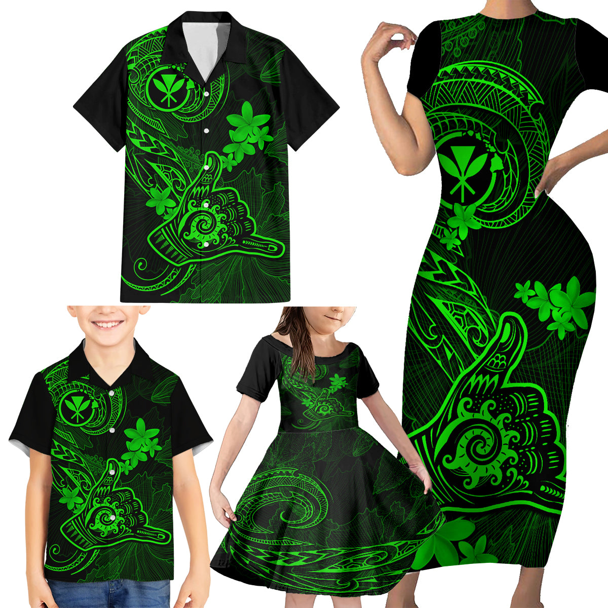 Hawaii Family Matching Short Sleeve Bodycon Dress and Hawaiian Shirt Shaka Tattoo Mix Polynesian Plumeria Green Version LT14 - Polynesian Pride