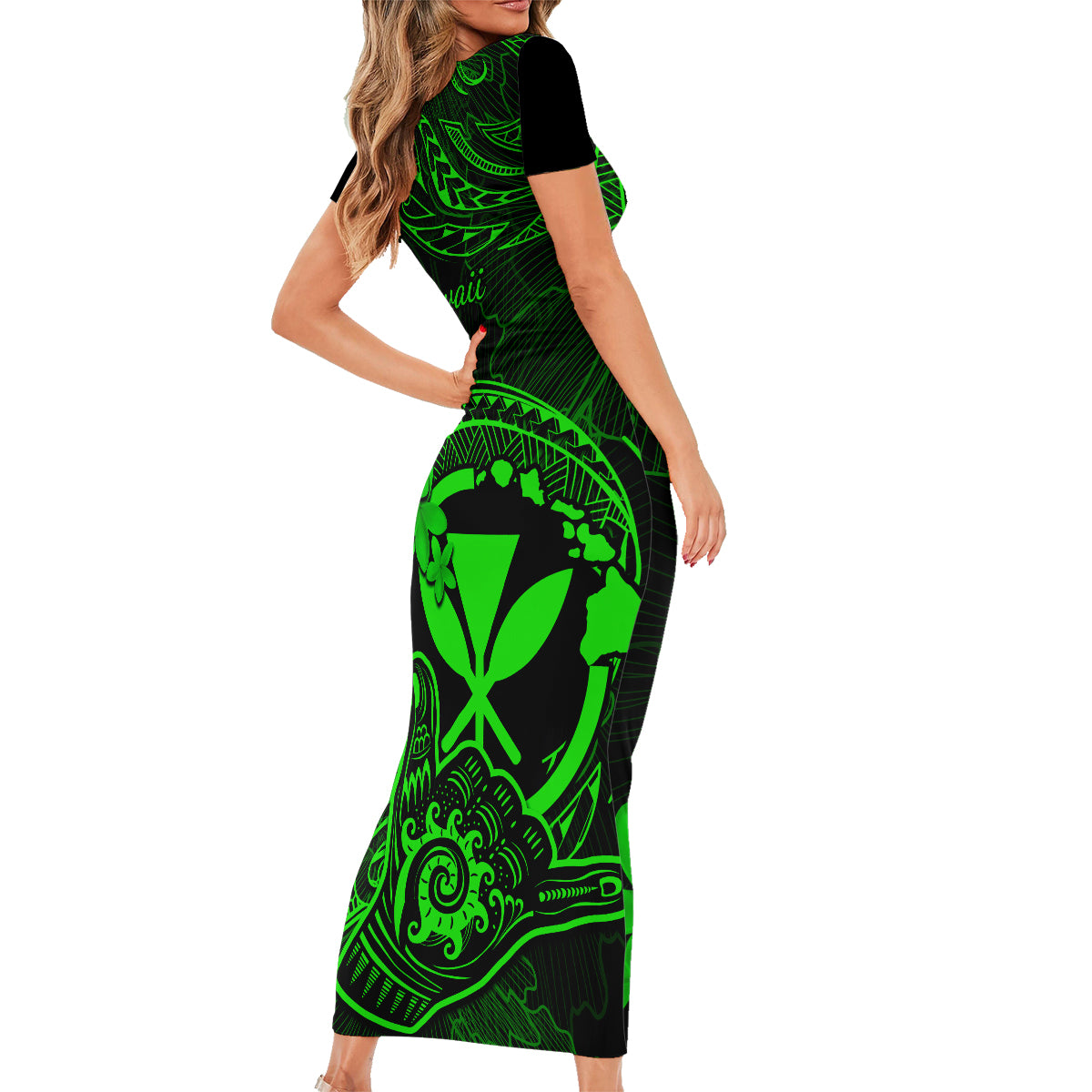 Hawaii Family Matching Short Sleeve Bodycon Dress and Hawaiian Shirt Shaka Tattoo Mix Polynesian Plumeria Green Version LT14 - Polynesian Pride