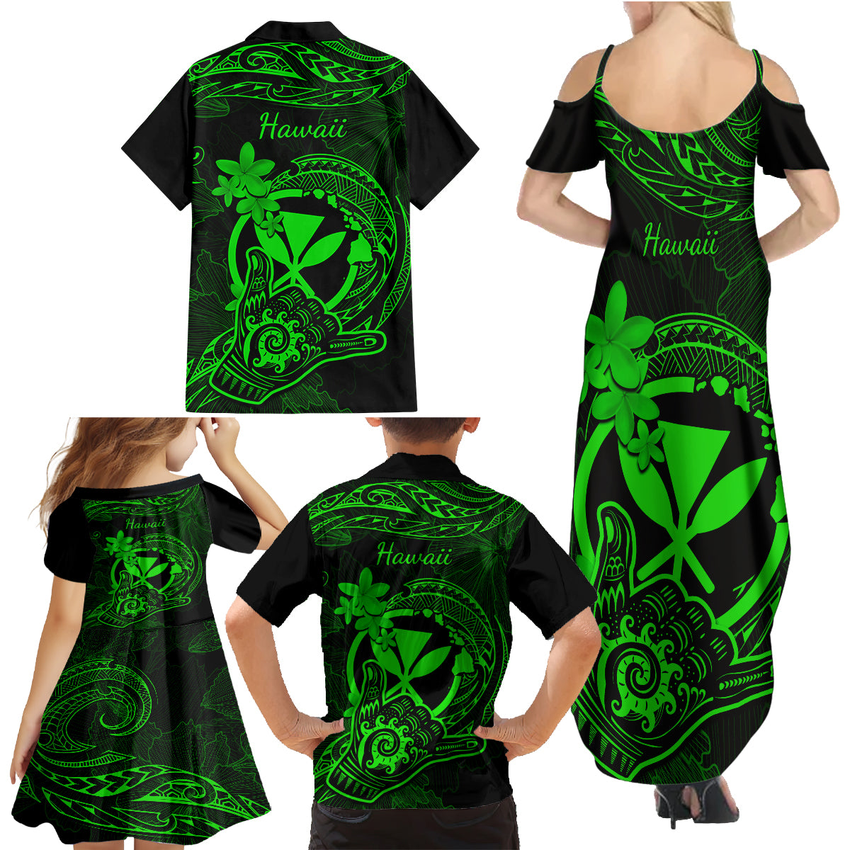 Hawaii Family Matching Summer Maxi Dress and Hawaiian Shirt Shaka Tattoo Mix Polynesian Plumeria Green Version LT14 - Polynesian Pride