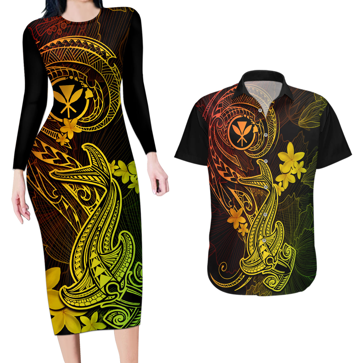 Hawaii Couples Matching Long Sleeve Bodycon Dress and Hawaiian Shirt Hammerhead Shark Tattoo Mix Polynesian Plumeria Reggae Version LT14 Reggae - Polynesian Pride