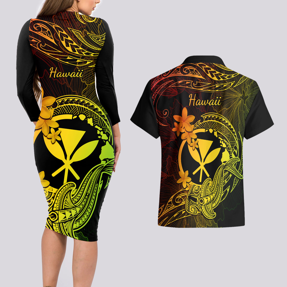 Hawaii Couples Matching Long Sleeve Bodycon Dress and Hawaiian Shirt Hammerhead Shark Tattoo Mix Polynesian Plumeria Reggae Version LT14 - Polynesian Pride