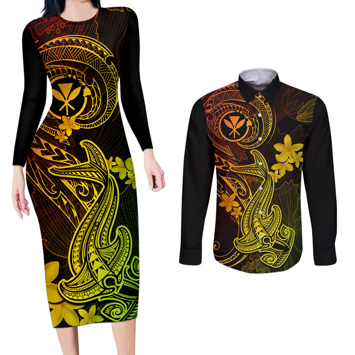 Hawaii Couples Matching Long Sleeve Bodycon Dress and Long Sleeve Button Shirts Hammerhead Shark Tattoo Mix Polynesian Plumeria Reggae Version LT14 Reggae - Polynesian Pride