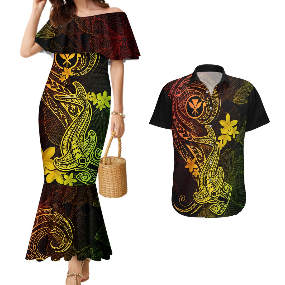 Hawaii Couples Matching Mermaid Dress and Hawaiian Shirt Hammerhead Shark Tattoo Mix Polynesian Plumeria Reggae Version LT14 Reggae - Polynesian Pride