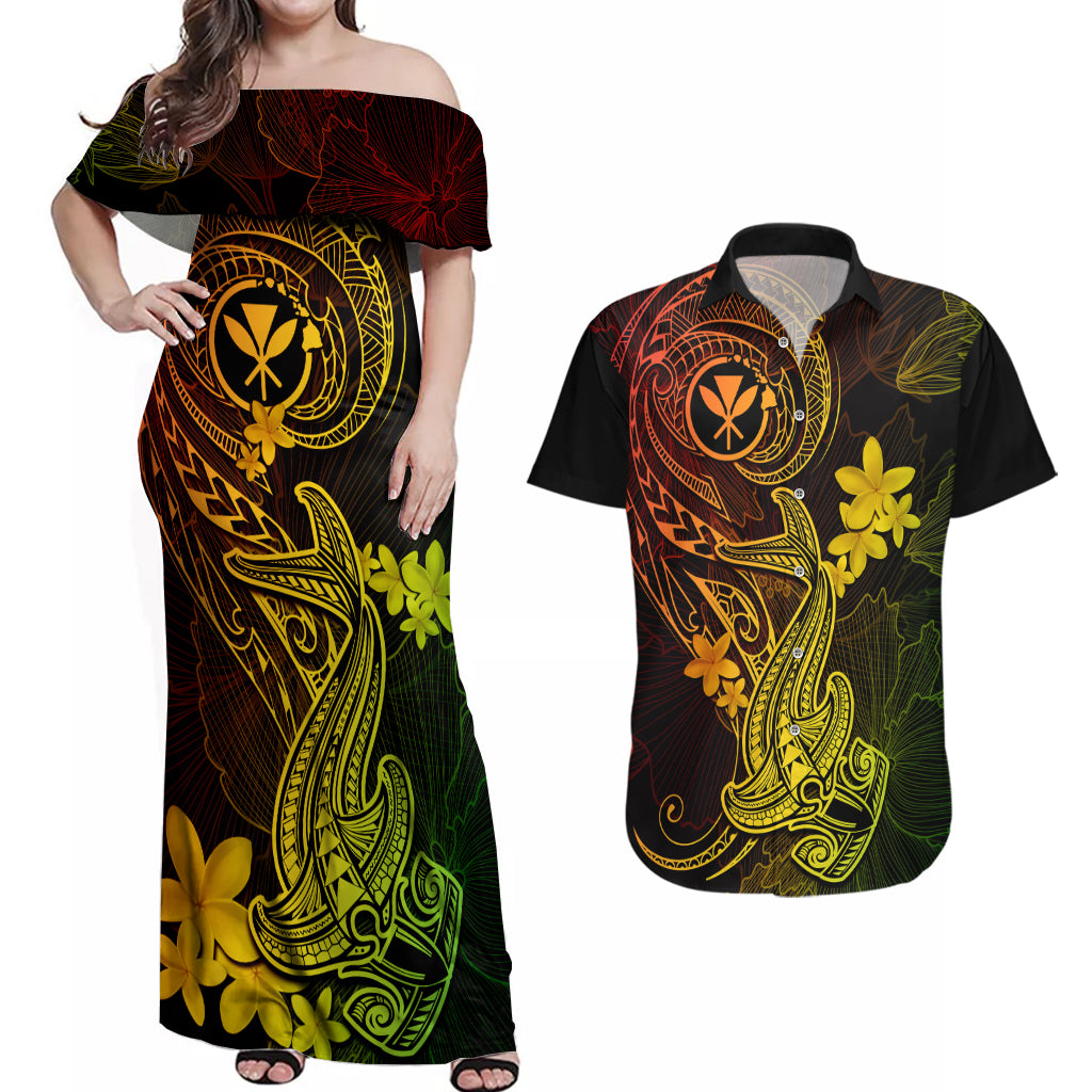 Hawaii Couples Matching Off Shoulder Maxi Dress and Hawaiian Shirt Hammerhead Shark Tattoo Mix Polynesian Plumeria Reggae Version LT14 Reggae - Polynesian Pride