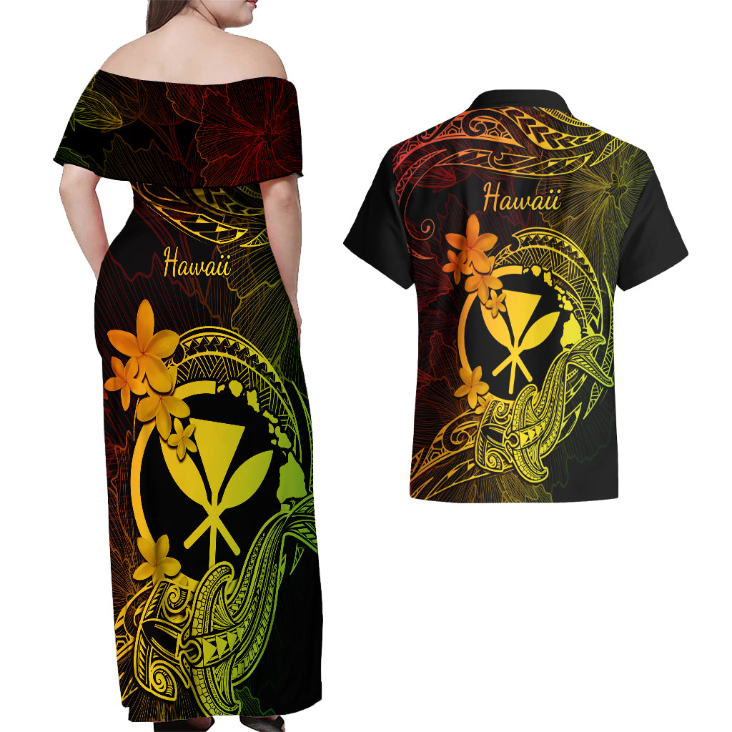 Hawaii Couples Matching Off Shoulder Maxi Dress and Hawaiian Shirt Hammerhead Shark Tattoo Mix Polynesian Plumeria Reggae Version LT14 - Polynesian Pride