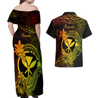 Hawaii Couples Matching Off Shoulder Maxi Dress and Hawaiian Shirt Hammerhead Shark Tattoo Mix Polynesian Plumeria Reggae Version LT14 - Polynesian Pride