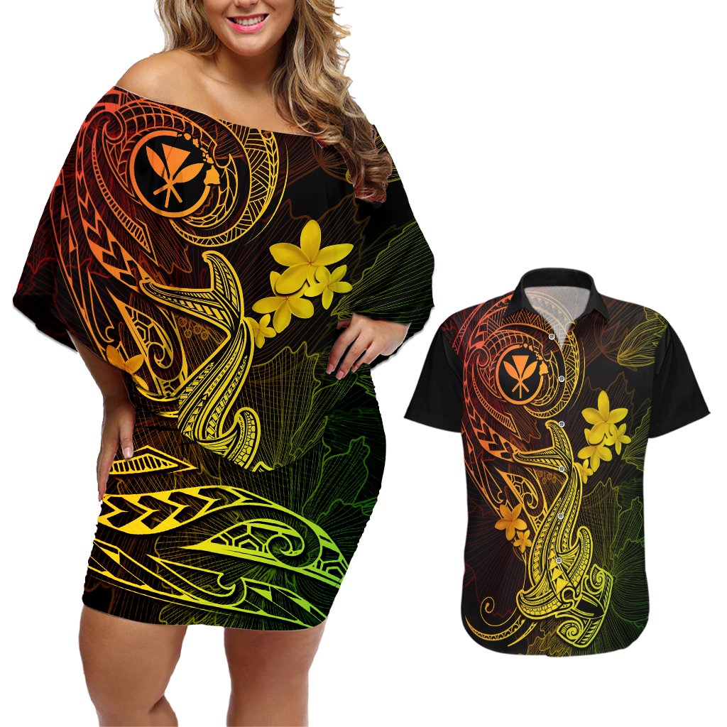 Hawaii Couples Matching Off Shoulder Short Dress and Hawaiian Shirt Hammerhead Shark Tattoo Mix Polynesian Plumeria Reggae Version LT14 Reggae - Polynesian Pride