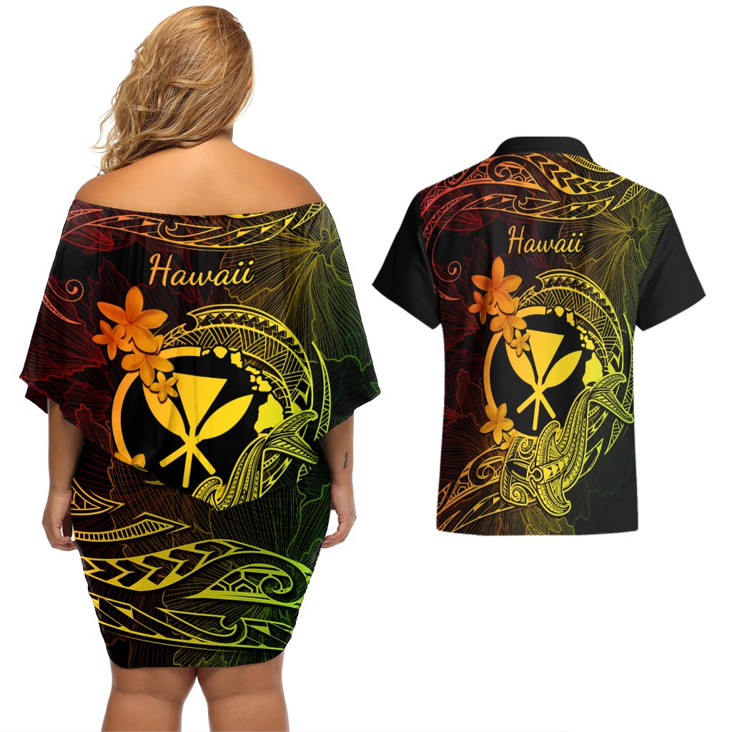 Hawaii Couples Matching Off Shoulder Short Dress and Hawaiian Shirt Hammerhead Shark Tattoo Mix Polynesian Plumeria Reggae Version LT14 - Polynesian Pride