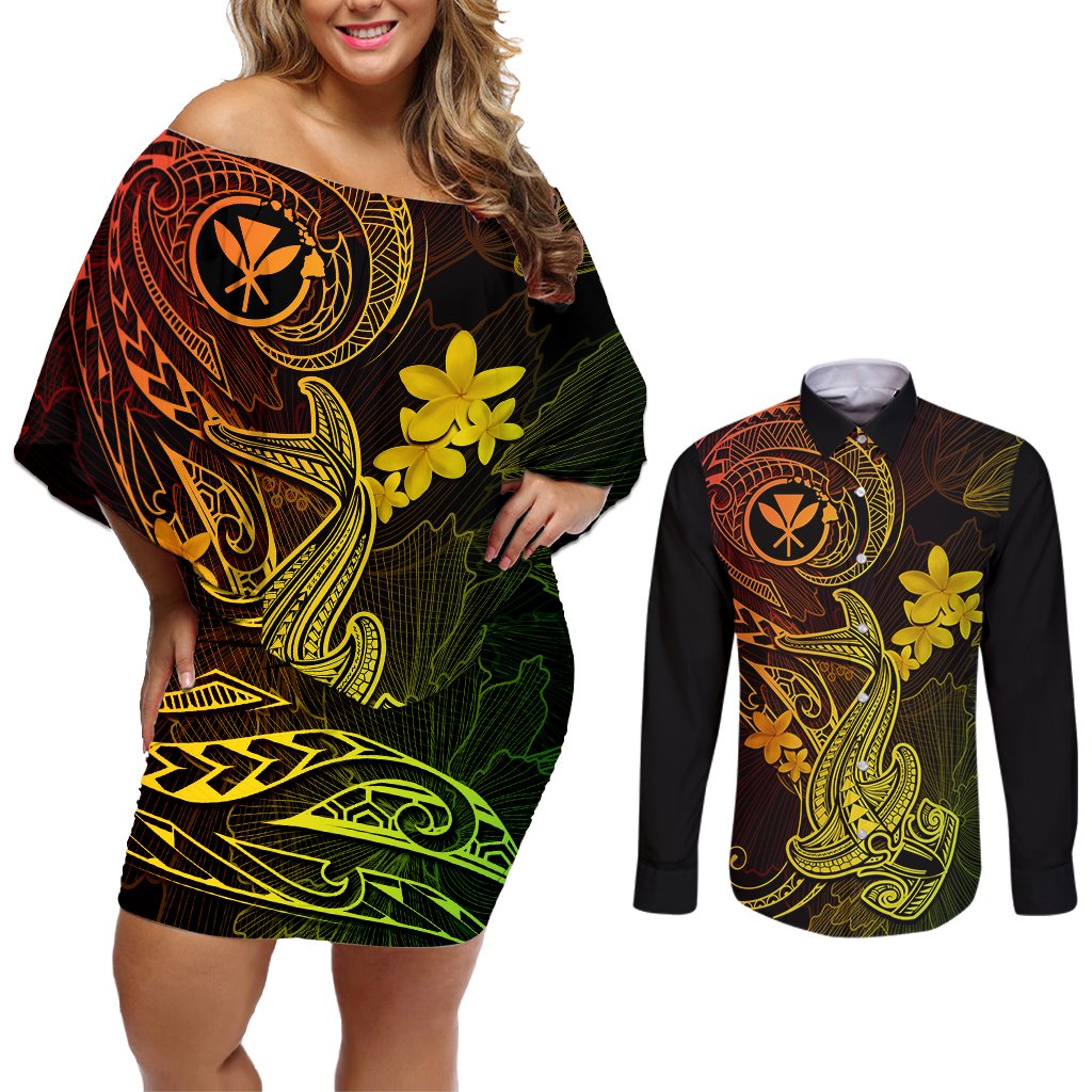 hawaii-couples-matching-off-shoulder-short-dress-and-long-sleeve-button-shirts-hammerhead-shark-tattoo-mix-polynesian-plumeria-reggae-version