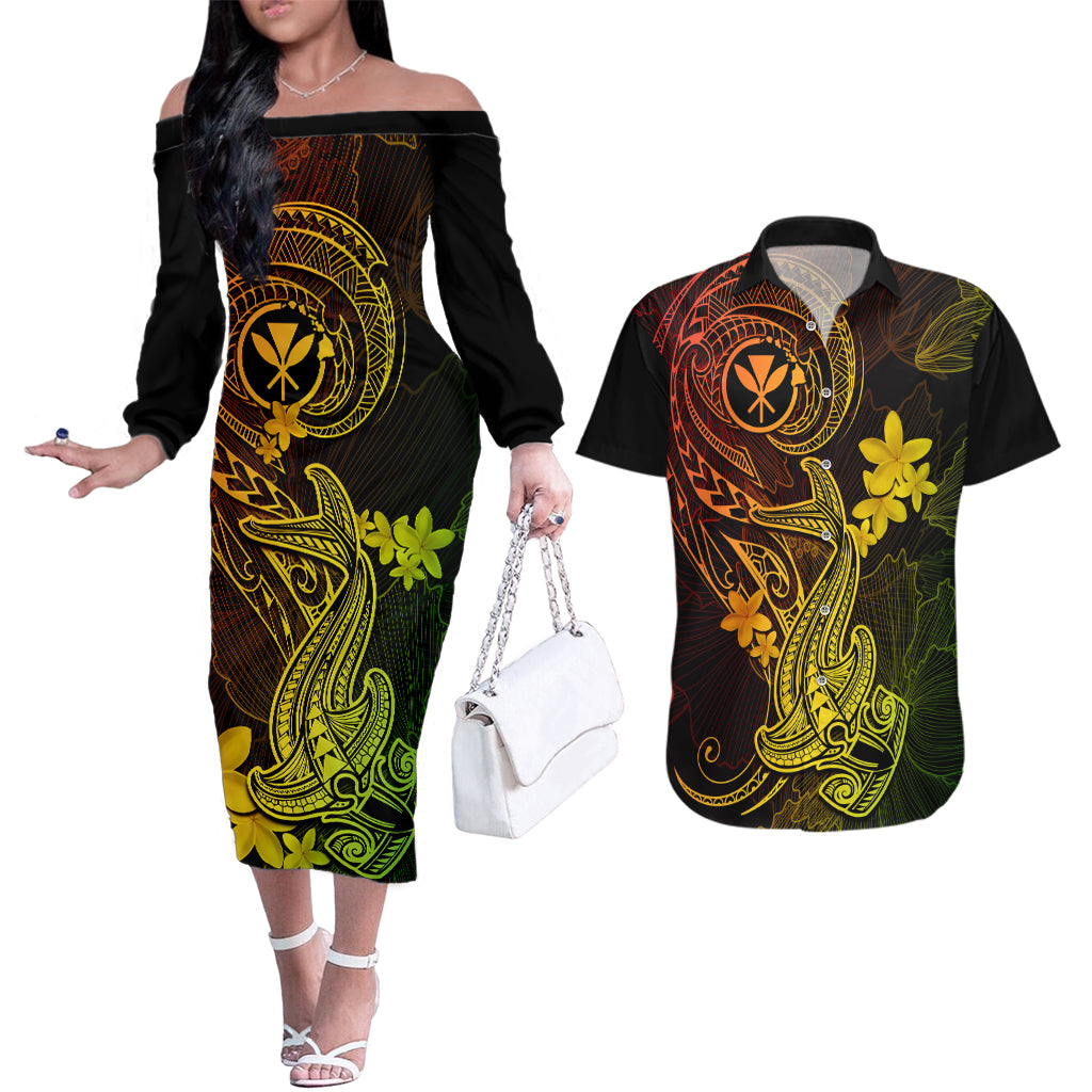 Hawaii Couples Matching Off The Shoulder Long Sleeve Dress and Hawaiian Shirt Hammerhead Shark Tattoo Mix Polynesian Plumeria Reggae Version LT14 Reggae - Polynesian Pride