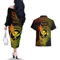 Hawaii Couples Matching Off The Shoulder Long Sleeve Dress and Hawaiian Shirt Hammerhead Shark Tattoo Mix Polynesian Plumeria Reggae Version LT14 - Polynesian Pride