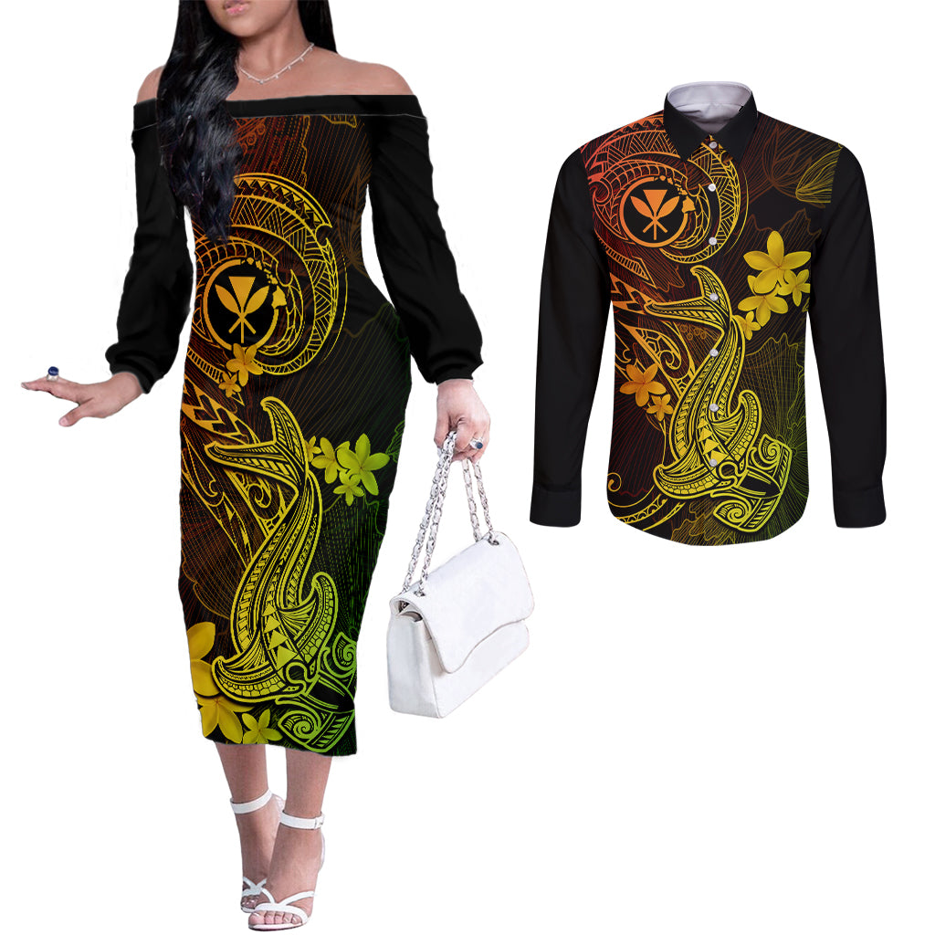 Hawaii Couples Matching Off The Shoulder Long Sleeve Dress and Long Sleeve Button Shirts Hammerhead Shark Tattoo Mix Polynesian Plumeria Reggae Version LT14 Reggae - Polynesian Pride
