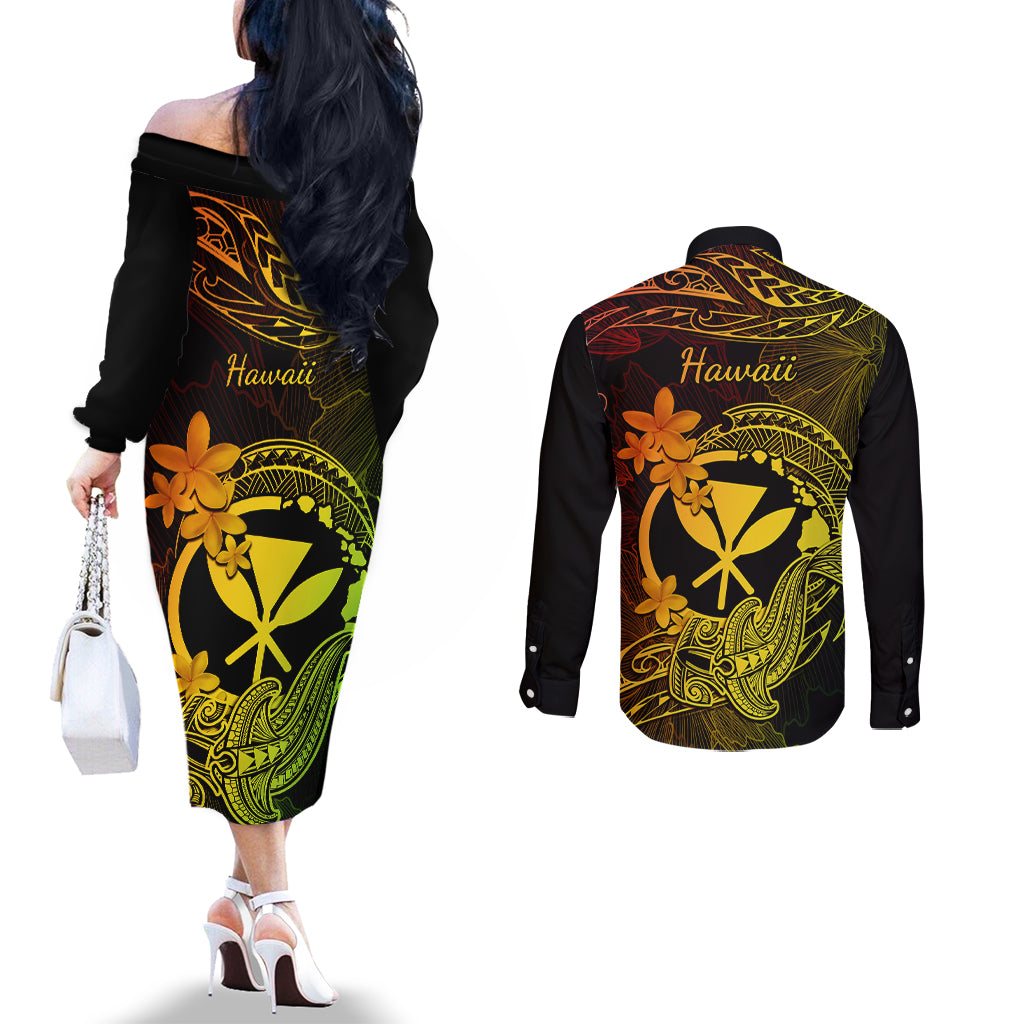 Hawaii Couples Matching Off The Shoulder Long Sleeve Dress and Long Sleeve Button Shirts Hammerhead Shark Tattoo Mix Polynesian Plumeria Reggae Version LT14 - Polynesian Pride