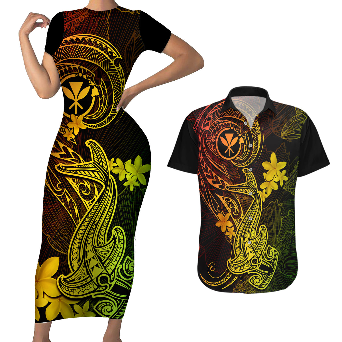 Hawaii Couples Matching Short Sleeve Bodycon Dress and Hawaiian Shirt Hammerhead Shark Tattoo Mix Polynesian Plumeria Reggae Version LT14 Reggae - Polynesian Pride