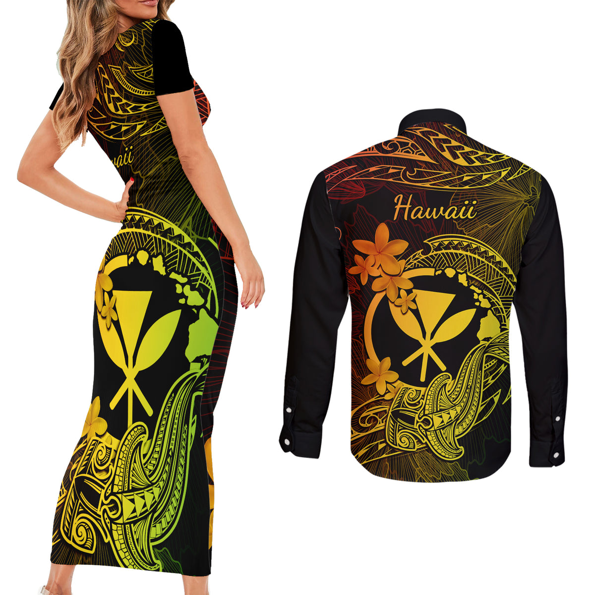 Hawaii Couples Matching Short Sleeve Bodycon Dress and Long Sleeve Button Shirts Hammerhead Shark Tattoo Mix Polynesian Plumeria Reggae Version LT14 - Polynesian Pride