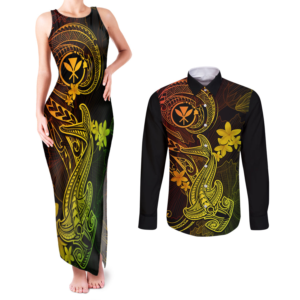 Hawaii Couples Matching Tank Maxi Dress and Long Sleeve Button Shirts Hammerhead Shark Tattoo Mix Polynesian Plumeria Reggae Version LT14 Reggae - Polynesian Pride