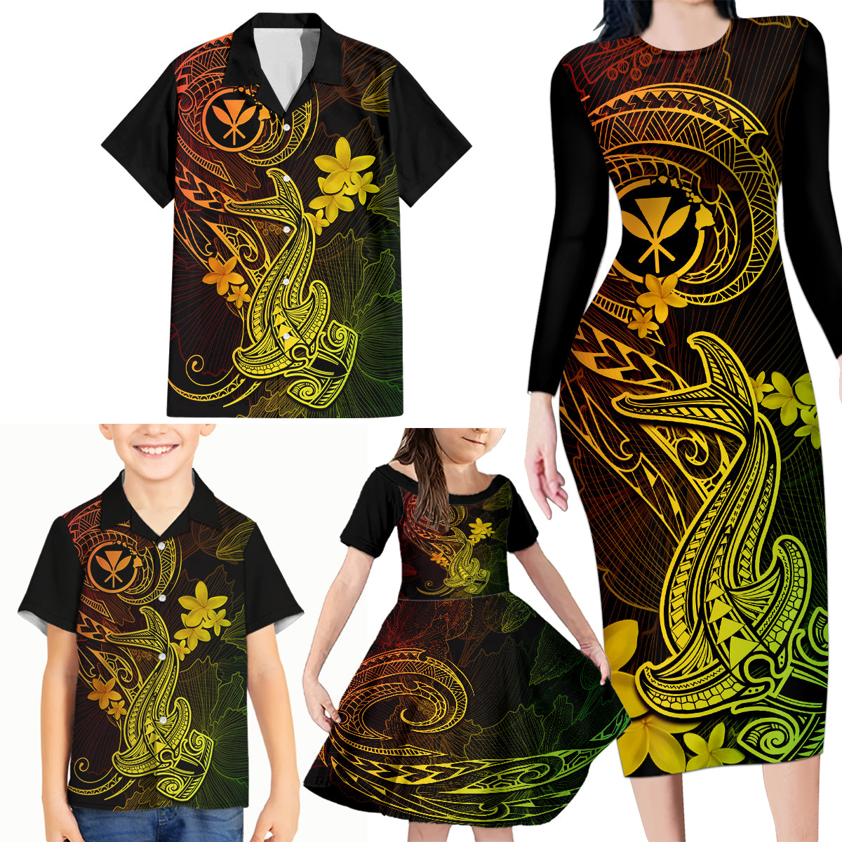 Hawaii Family Matching Long Sleeve Bodycon Dress and Hawaiian Shirt Hammerhead Shark Tattoo Mix Polynesian Plumeria Reggae Version LT14 - Polynesian Pride