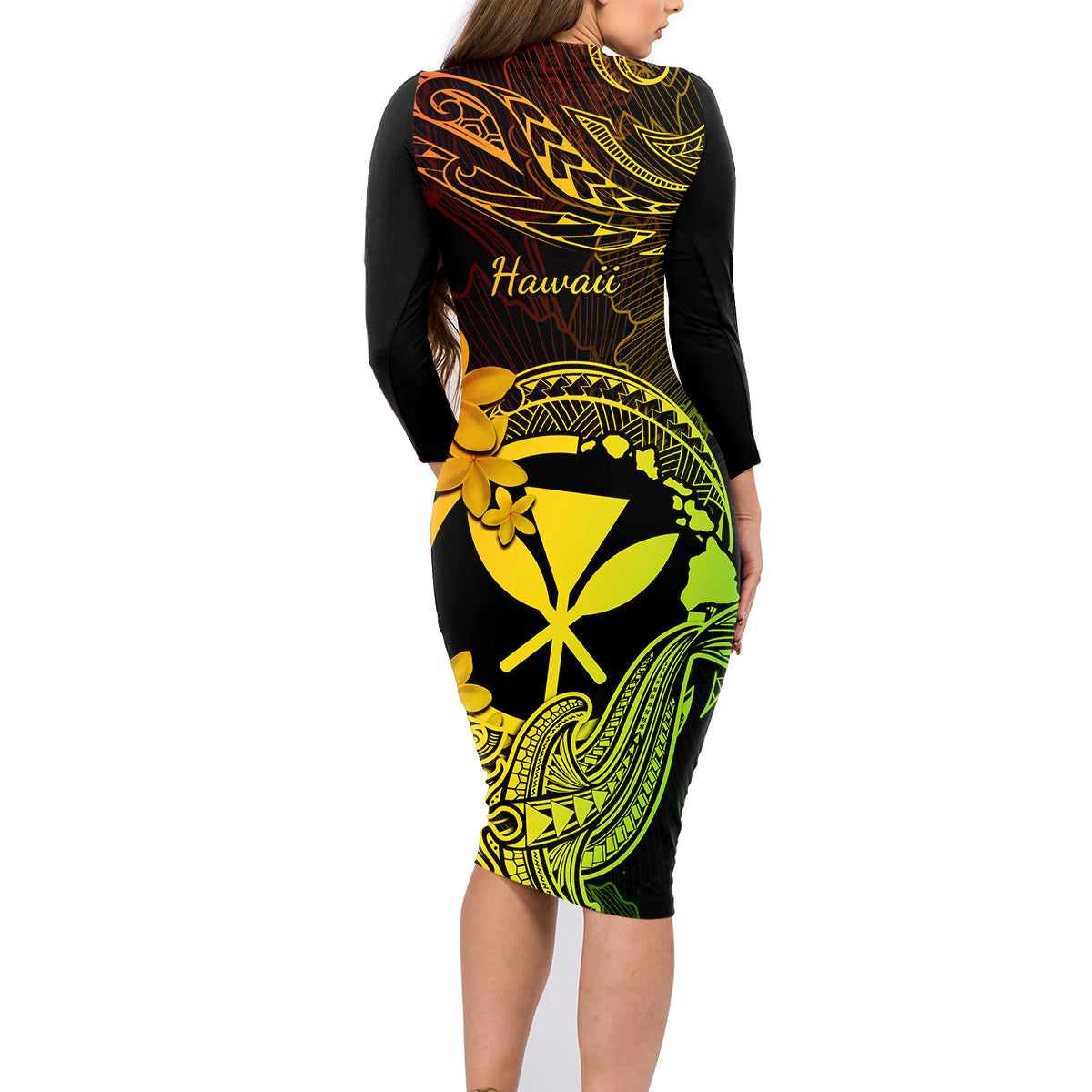 Hawaii Family Matching Long Sleeve Bodycon Dress and Hawaiian Shirt Hammerhead Shark Tattoo Mix Polynesian Plumeria Reggae Version LT14 - Polynesian Pride