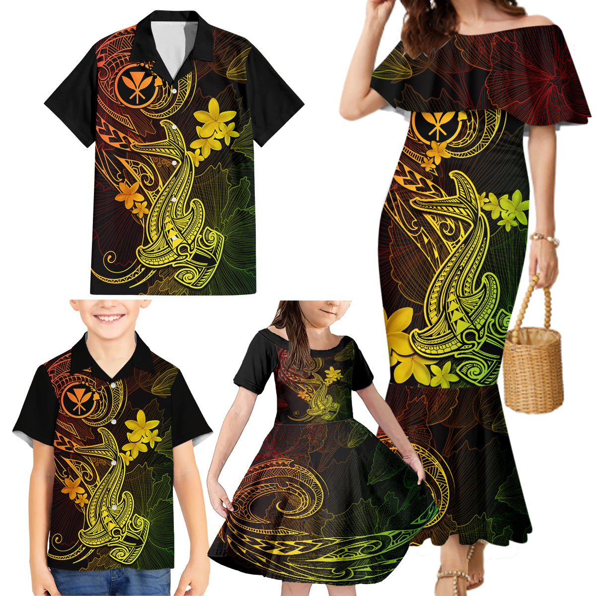 Hawaii Family Matching Mermaid Dress and Hawaiian Shirt Hammerhead Shark Tattoo Mix Polynesian Plumeria Reggae Version LT14 - Polynesian Pride