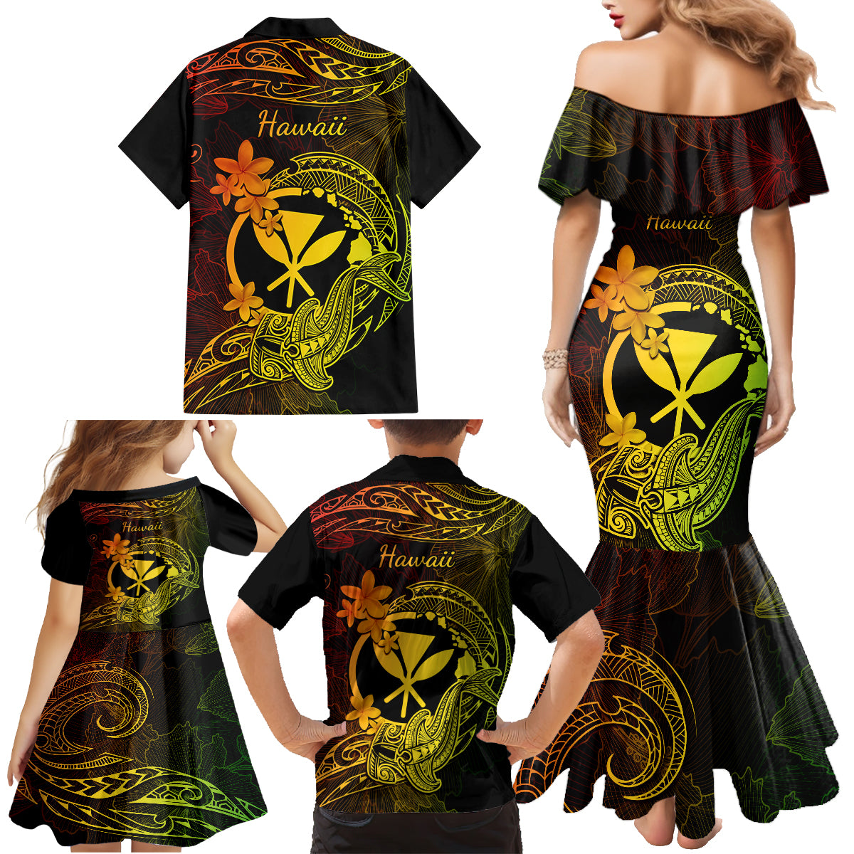 Hawaii Family Matching Mermaid Dress and Hawaiian Shirt Hammerhead Shark Tattoo Mix Polynesian Plumeria Reggae Version LT14 - Polynesian Pride