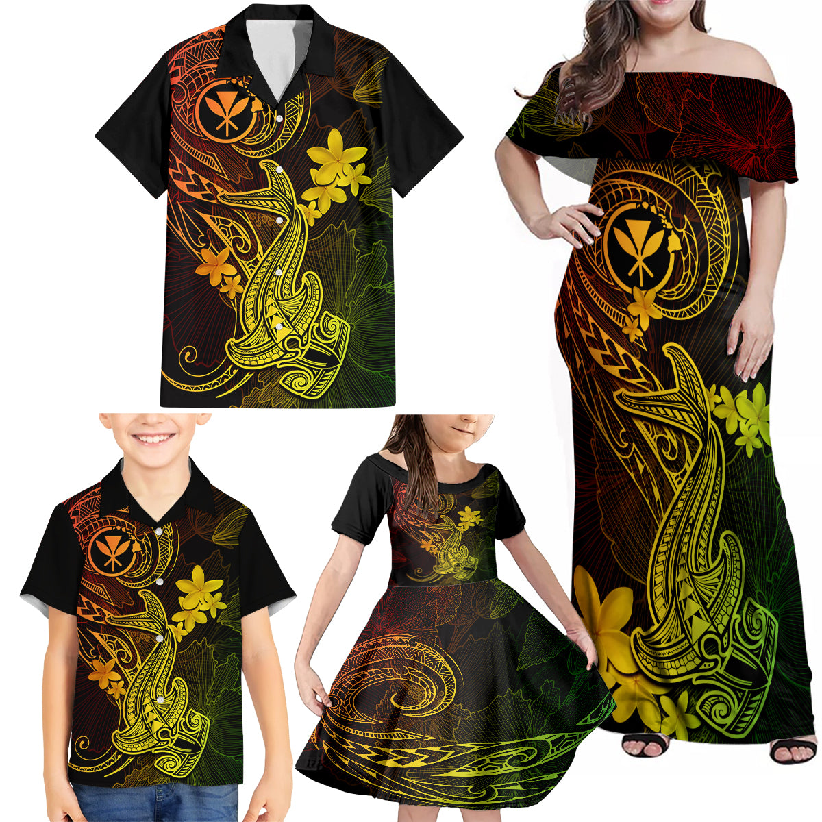 Hawaii Family Matching Off Shoulder Maxi Dress and Hawaiian Shirt Hammerhead Shark Tattoo Mix Polynesian Plumeria Reggae Version LT14 - Polynesian Pride