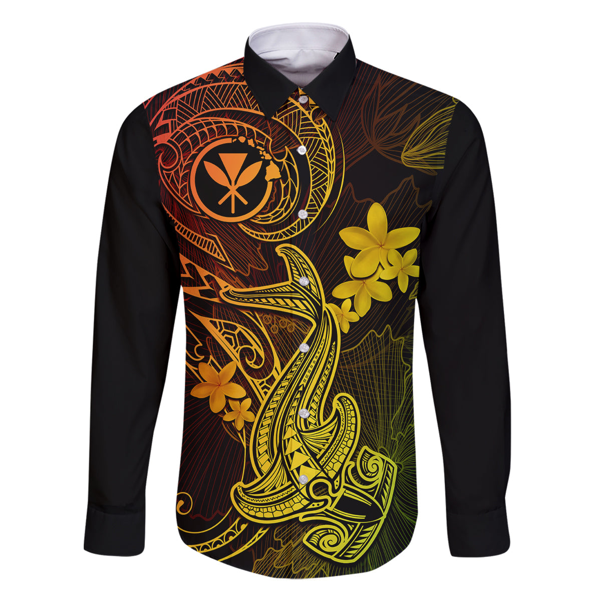 Hawaii Family Matching Off Shoulder Maxi Dress and Hawaiian Shirt Hammerhead Shark Tattoo Mix Polynesian Plumeria Reggae Version LT14 Dad's Shirt - Long Sleeve Reggae - Polynesian Pride
