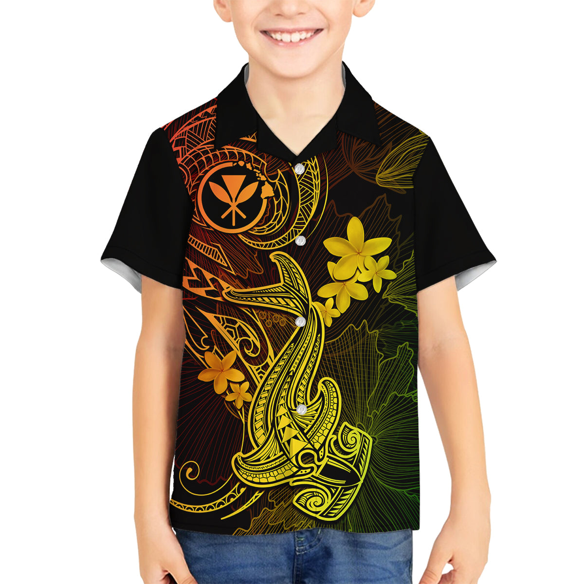 Hawaii Family Matching Summer Maxi Dress and Hawaiian Shirt Hammerhead Shark Tattoo Mix Polynesian Plumeria Reggae Version LT14 Dad's Shirt - Long Sleeve Reggae - Polynesian Pride